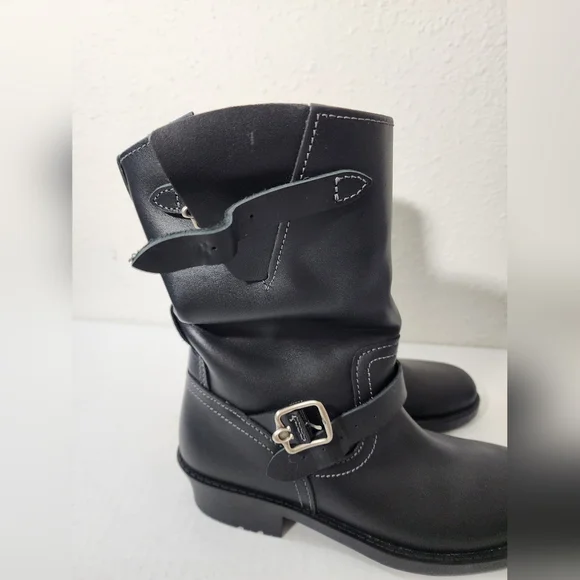 Coach Black Leather Engineer Moto Ankle Boots Buckle Straps Relaxed Slouchy 8 - Picture 8 of 12